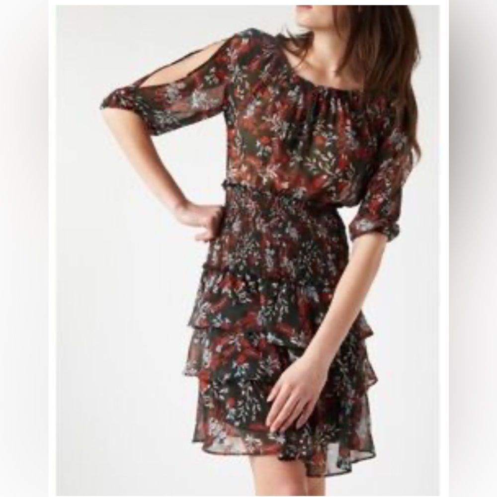 Maje Floral Off Shoulder Cold Shoulder Smocked Waist Tiered Mini Dress 2